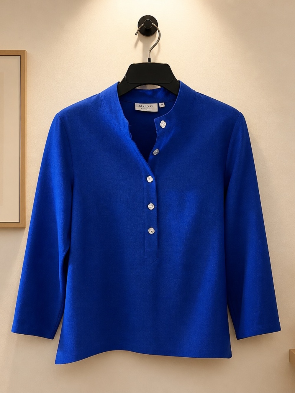 Malo Cobalt Blue Mandarin-Collar Button Placket Shirt